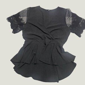 Iris Womans Black Blouse Top V-Neck Lace Sheer Ruffle Tiered Sleeves Size Large